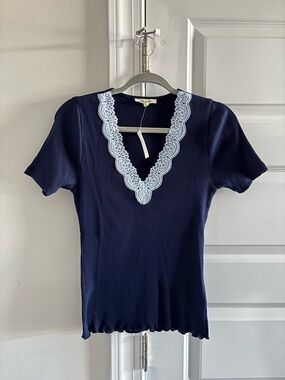 MADEWELL NWT Midnight Navy Lace-Trim V-Neck Knit Top - Women Size Large
